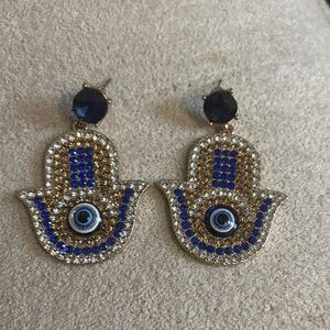 Elegant Blue and Gold Hamsa Earrings